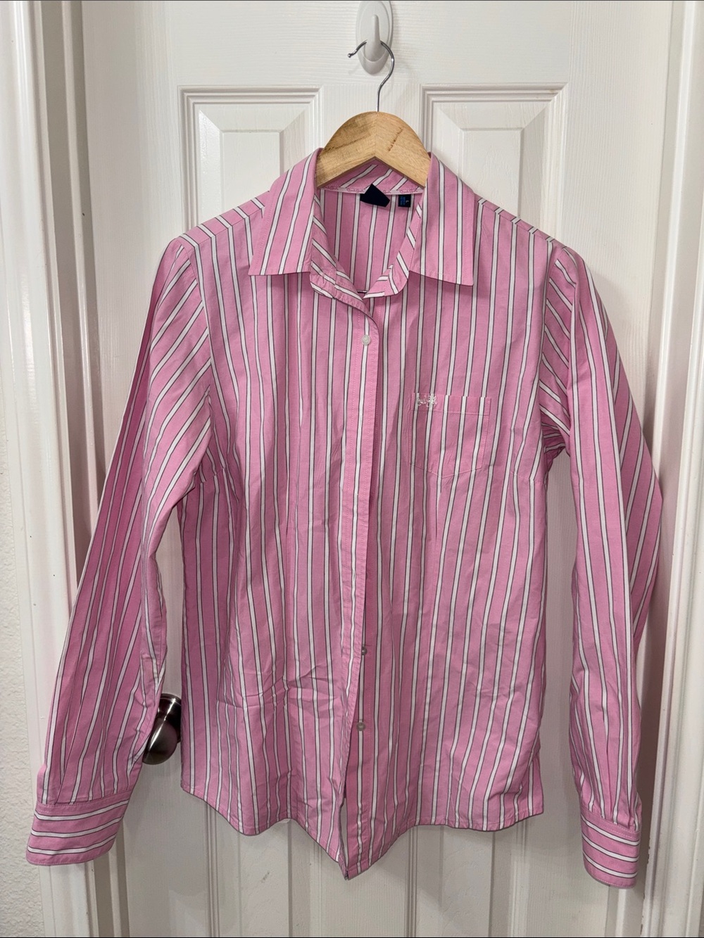 Cruel Girl Pink and White Vertical Stripe Dress Shirt